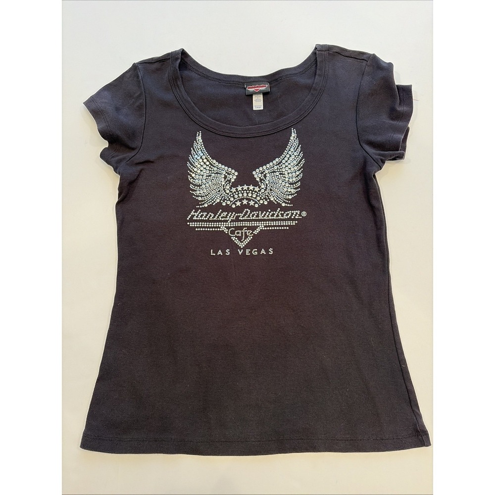 VTG Harley Davidson Cafe Las Vegas tee L black silver rhinestone wings